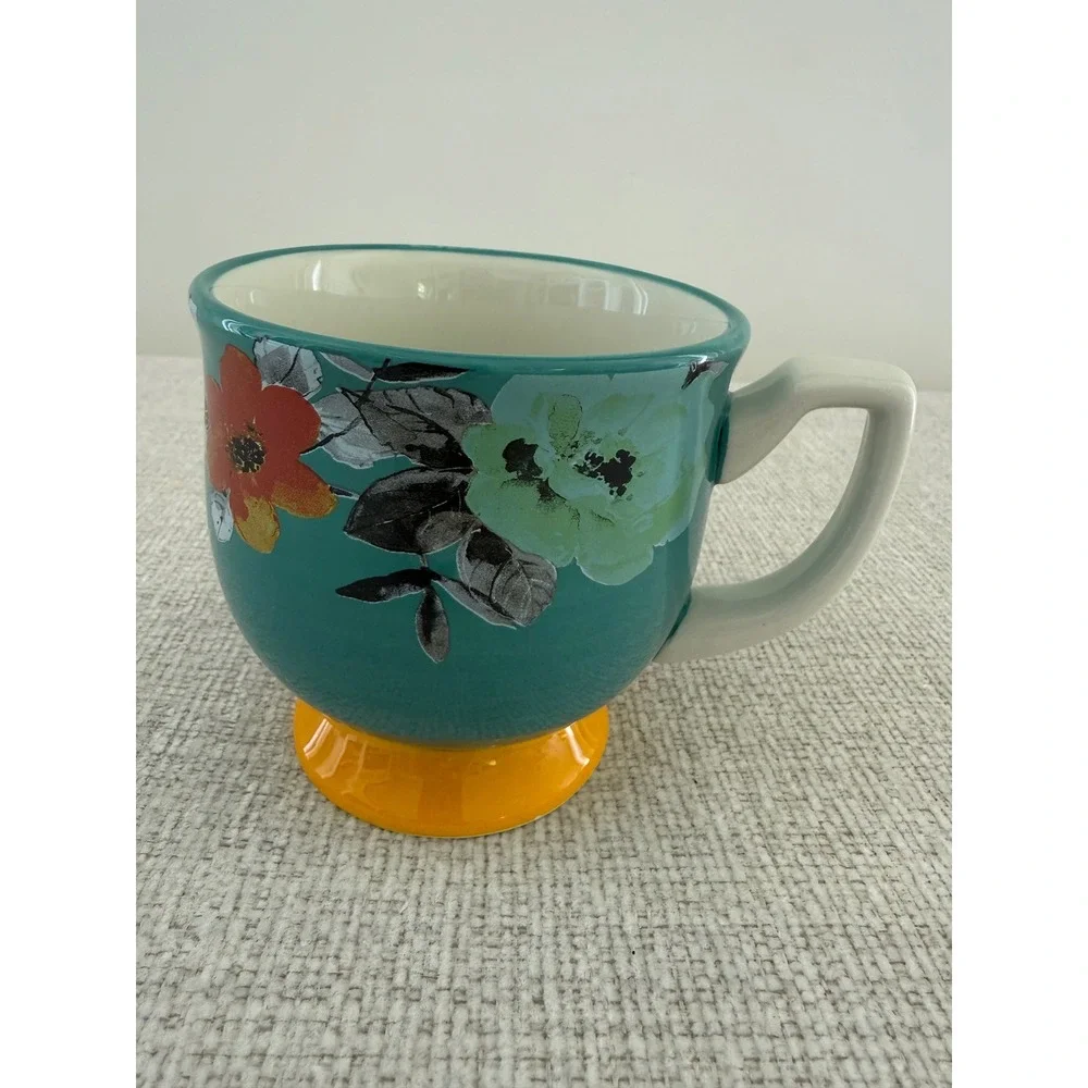 Pioneer‎ Woman Floral Turquoise and Yellow Footed Coffee Tea cup Coffee Mug
